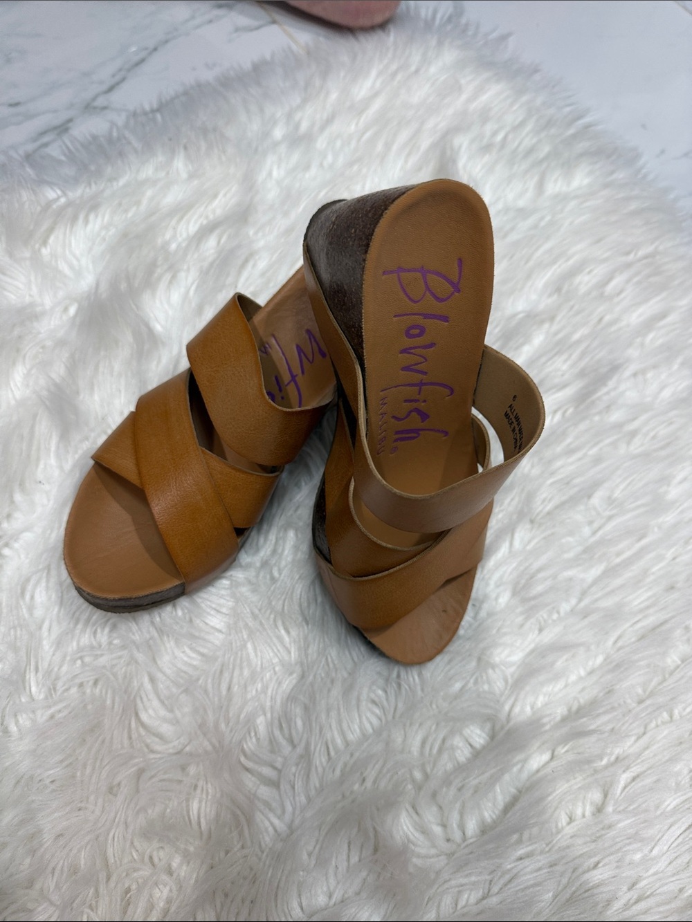 Blowfish Women's Cognac Leather Crisscross Wedge Sandals